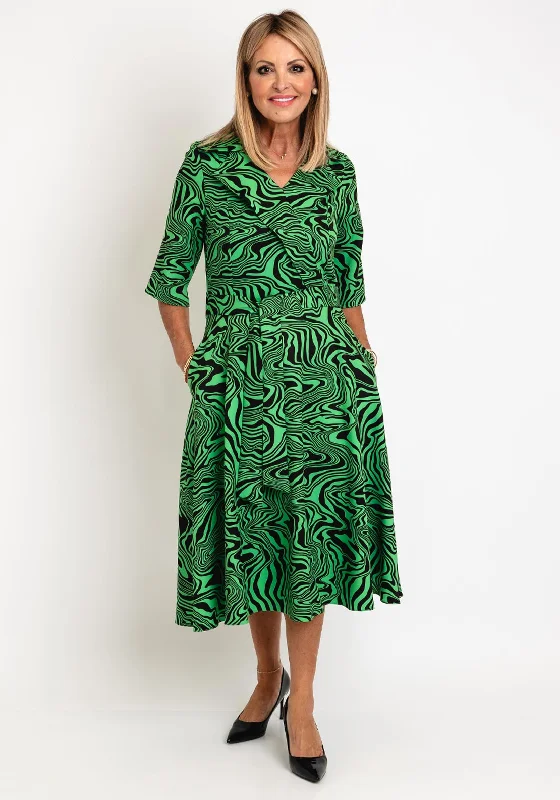 Coco Doll Erin Abstract Print Midi Dress, Green & Black Stylish Silk Midi Dress