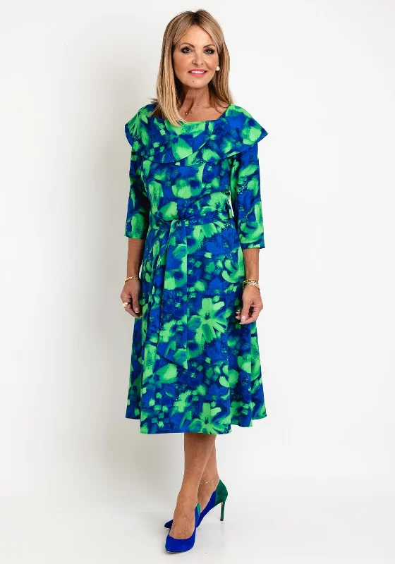 Coco Doll Hasta Soft Floral Print Midi Dress, Blue & Lime Cozy Midi Dress with Pockets