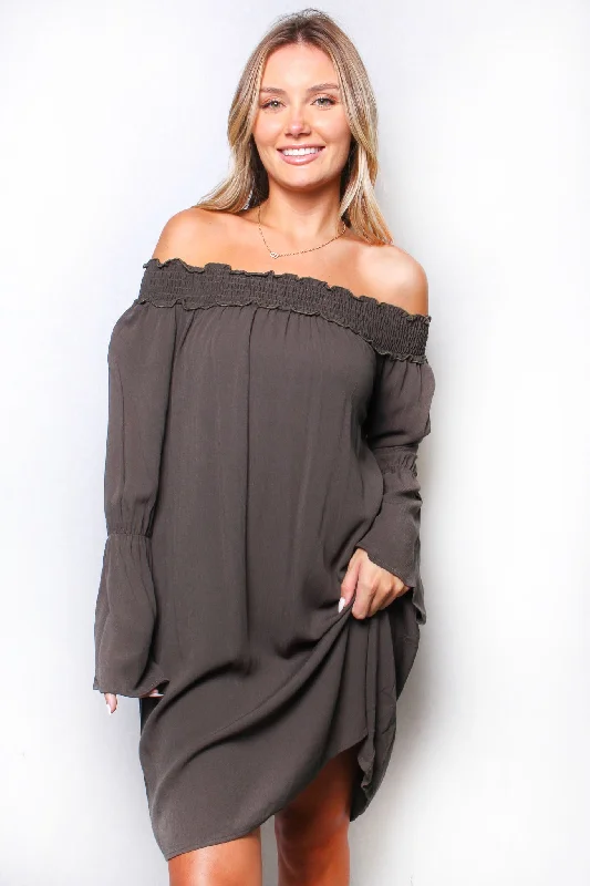 Women's Long Sleeve Ruffle Off The Shoulder Loose Mini Dress Trendy Crossover Mini Dress