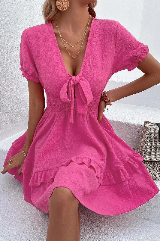 PUFF LACE RUFFLED TIED CHEST MINI DRESS Elegant Mini Dress with Pleats