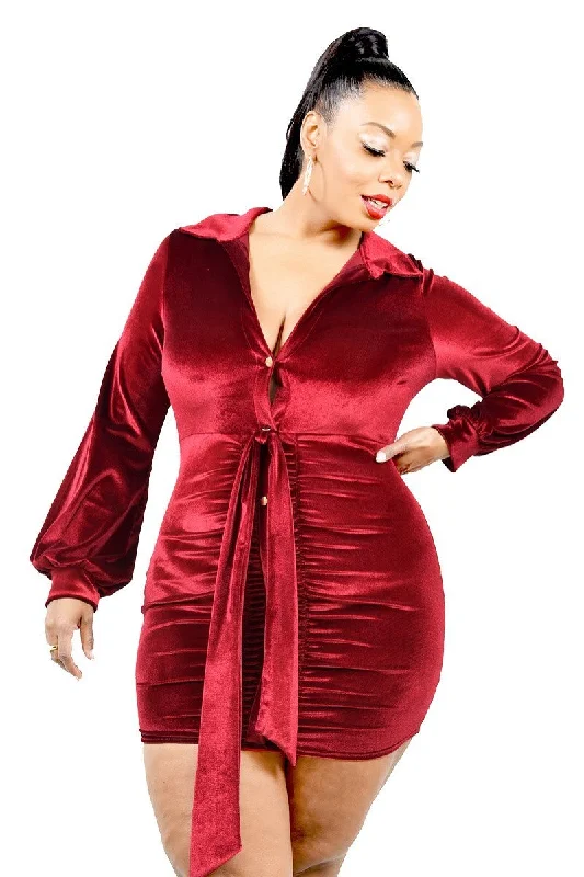 Plus Brick Red Velvet Balloon Sleeve Mini Dress Cozy Cotton Mini Dress