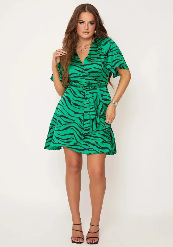 Girl In Mind Felicity Zebra Print Mini Dress, Green Comfortable Zip-Up Mini Dress