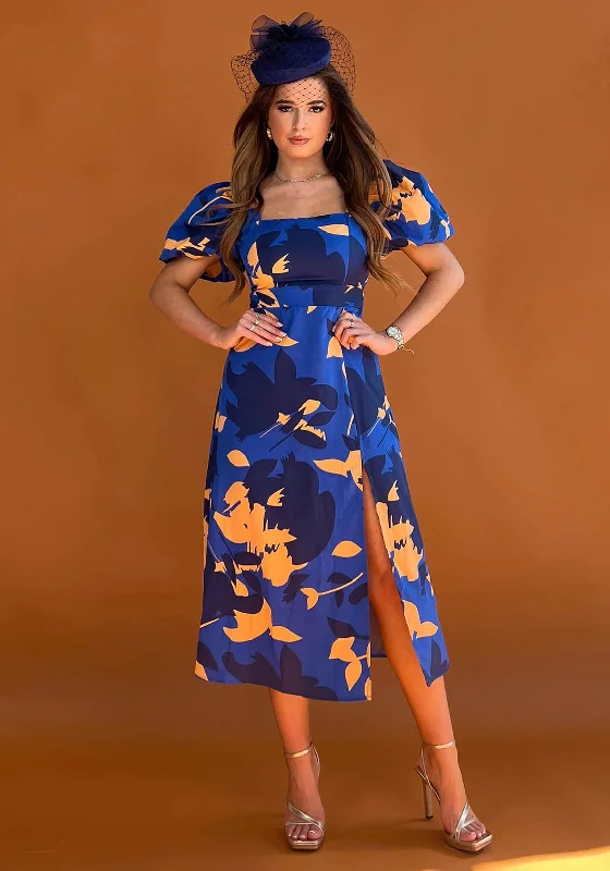 Girl In Mind Chanice Square Neck Floral Midi Dress, Cobalt Blue & Orange Trendy Smocked Waist Midi Dress