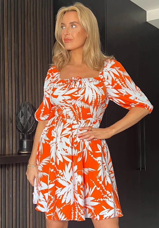 Girl In Mind Cora Palm Print Shirred Detail Mini Dress, Orange Fashionable Lace Mini Dress