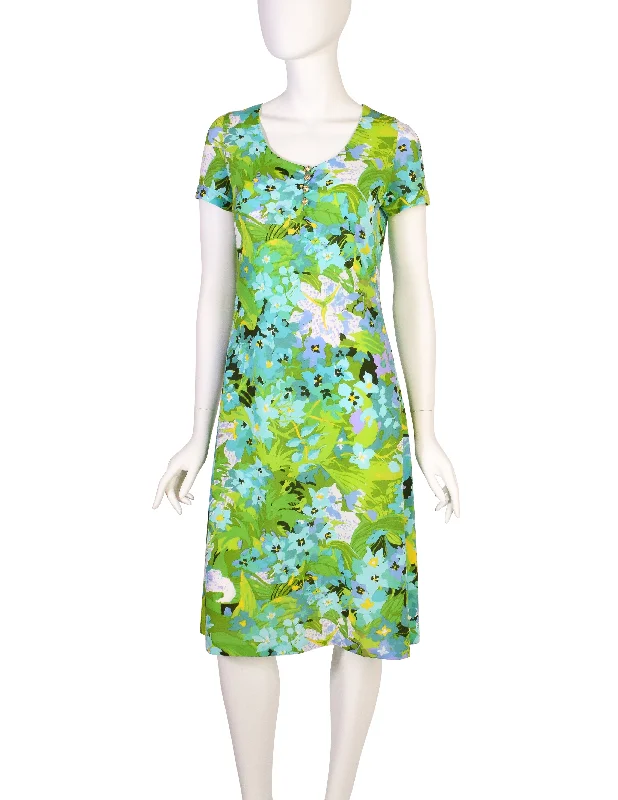 Ken Scott Vintage 1970s Vibrant Green Floral Print Mini Dress Elegant Tulle Mini Dress