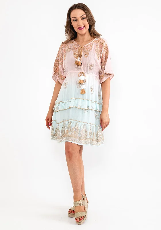 Seventy1 One Size Embellished Smock Mini Dress, Pink & Blue Elegant Lace-Up Mini Dress