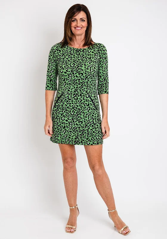 Serafina Collection Shift Leopard Print Mini Dress, Green Comfortable Casual Mini Dress