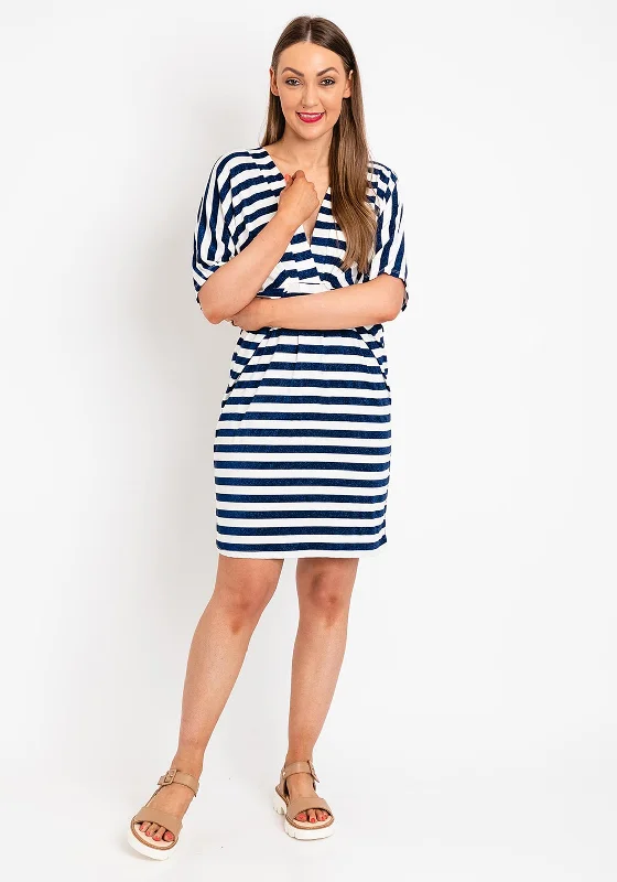 The Serafina Collection One Size Shimmer Stripe Mini Dress, Navy Trendy Denim Mini Dress