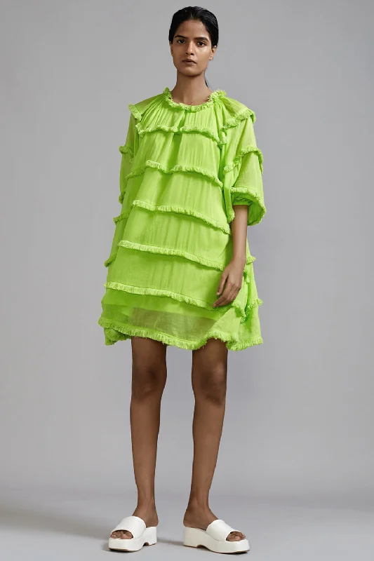 Neon Green Mul Mini Dress Stylish Ribbed Mini Dress