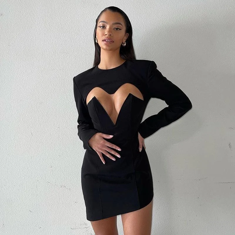 Women's Sexy Long Sleeve Cut Out Bodycon  Party Club Mini Dress Elegant Velvet Mini Dress