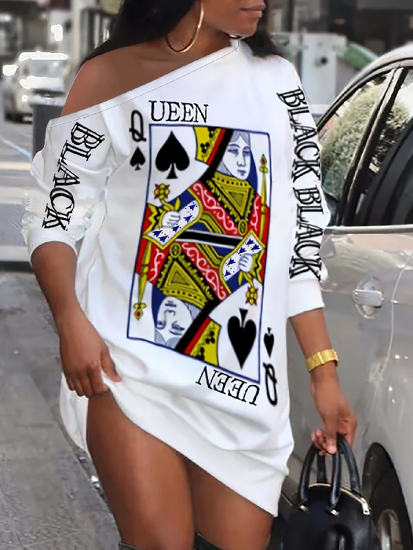 Queen Poker Print Slant Shoulder Shirt Mini Dress Elegant Off-Shoulder Dress Mini