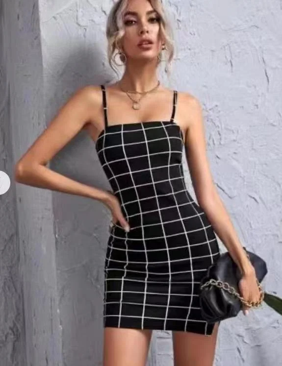 Retro Plaid Sexy Spaghetti Strap Bodycon Mini Dresses Women Chic Pleated Mini Dress