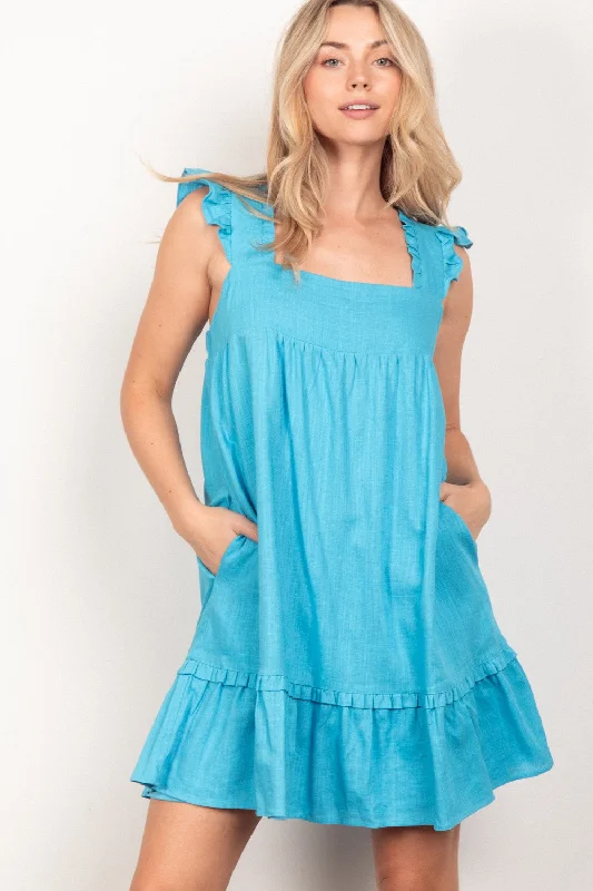 Ruffled Solid Linen Backless Mini Dress Trendy Tulle Mini Dress