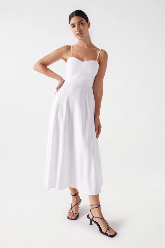 Salsa Linen Midi Dress, White Fashionable Floral Embroidery Midi Dress