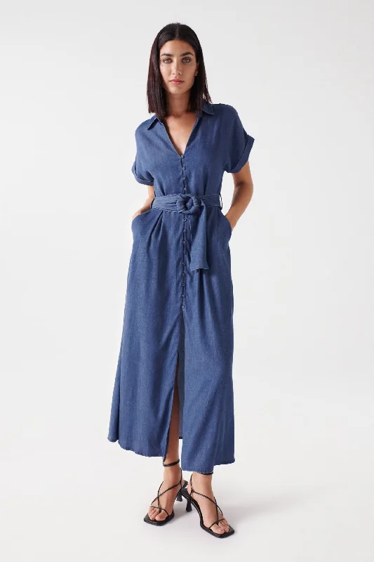 Salsa Belted Waist Midi Dress, Blue Denim Elegant Pleated Detail Midi Dress