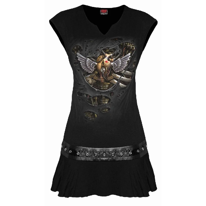 STEAM PUNK RIPPED - Stud Waist Mini Dress Black Casual High-Waist Mini Dress