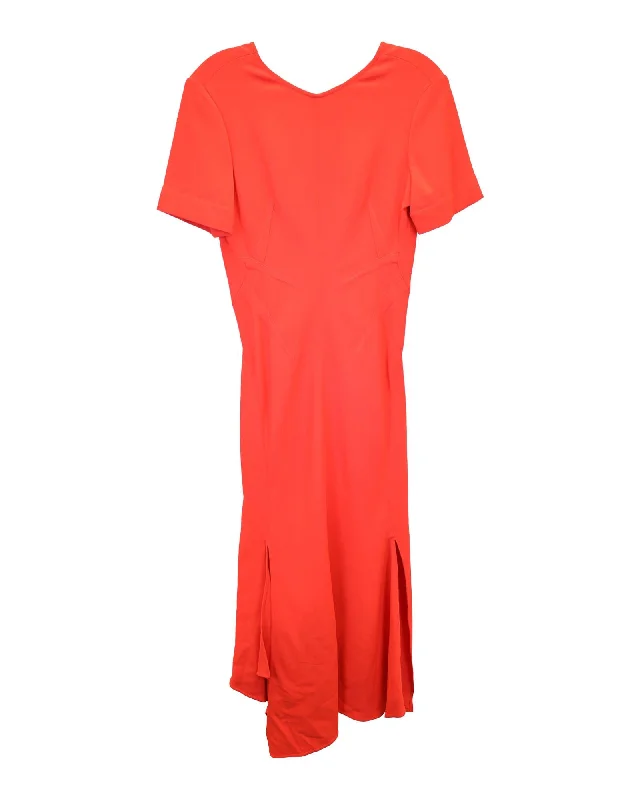 Asymmetric Cady Midi Dress with Side Split and Open Back in Coral Viscose Fashionable Plaid Midi Dress