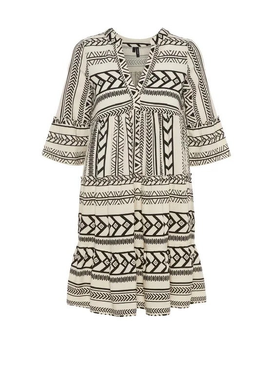 Vero Moda Aztec Print Tunic Smock Mini Dress, Ibiza Black & Birch Chic Sleeveless Mini Dress