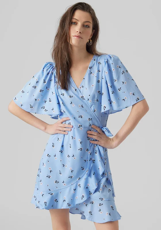 Vero Moda Emma Floral Wrap Mini Dress, Little Boy Blue Elegant Off-Shoulder Dress Mini