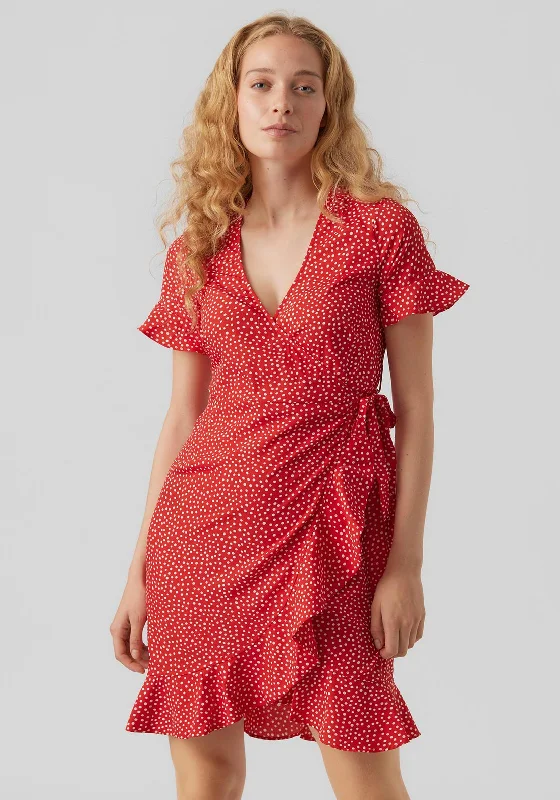 Vero Moda Polka Dot Wrap Mini Dress, Goji Berry Stylish Puff Sleeve Mini Dress