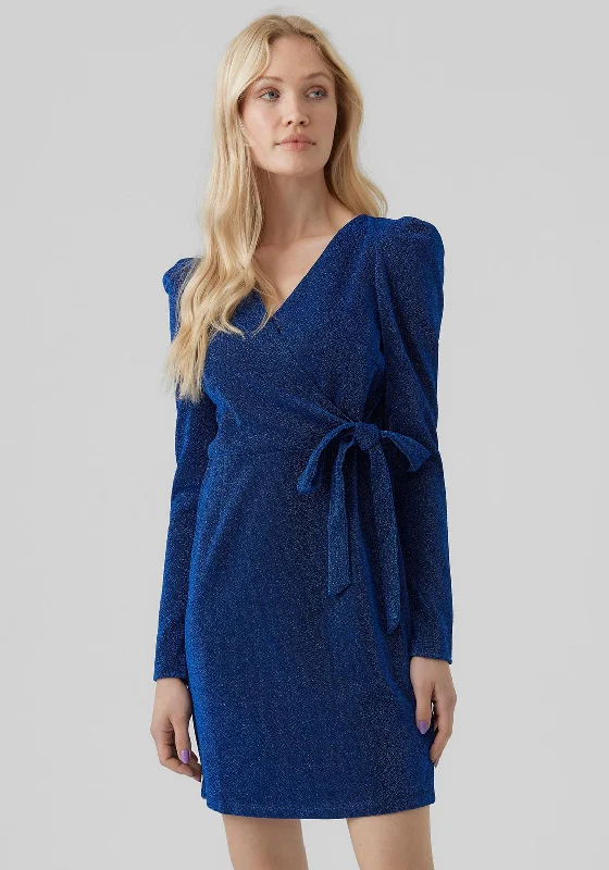 Vero Moda Wild Metallic Wrap Front Mini Dress, Dazzling Blue Cozy Knit Mini Dress