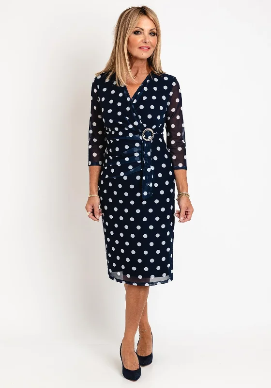 Via Veneto Polka Dot Mesh Midi Dress, Navy Elegant Satin Button Midi Dress