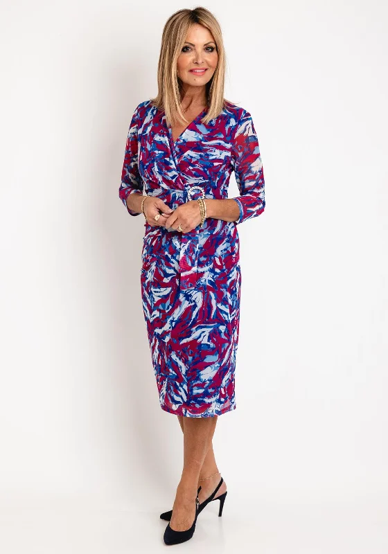 Via Veneto Print Mesh Midi Dress, Blue & Red Fashionable High-Low Midi Dress