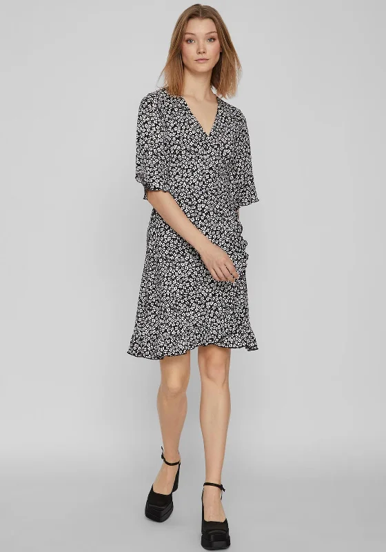 Vila Ditsy Floral Wrap Mini Dress, Black Comfortable Linen Mini Dress