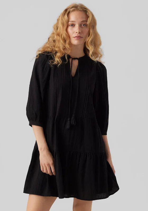 Vero Moda Pretty Tiered Smock Mini Dress, Black Trendy Cut-Out Mini Dress