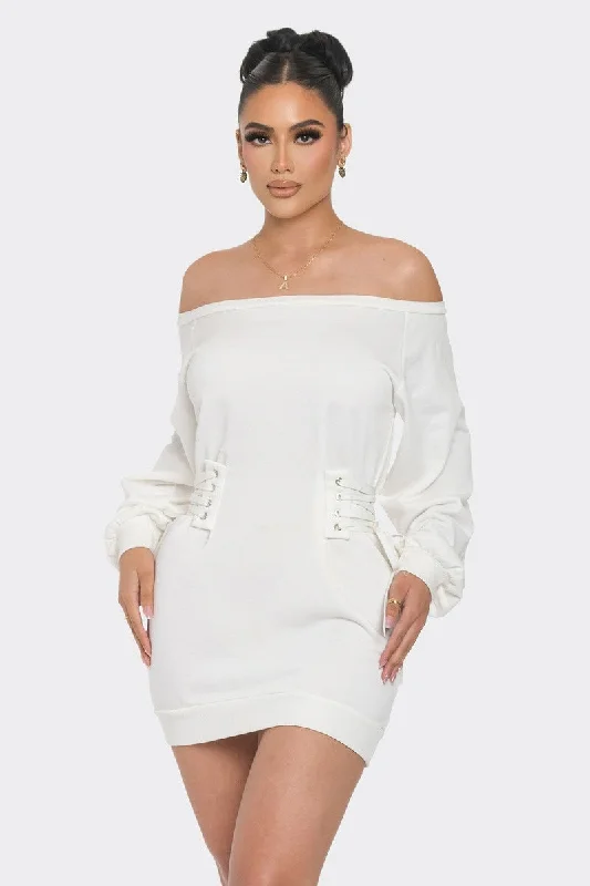 White Lace-Up Off the Shoulder Mini Dress Fashionable Party Mini Dress