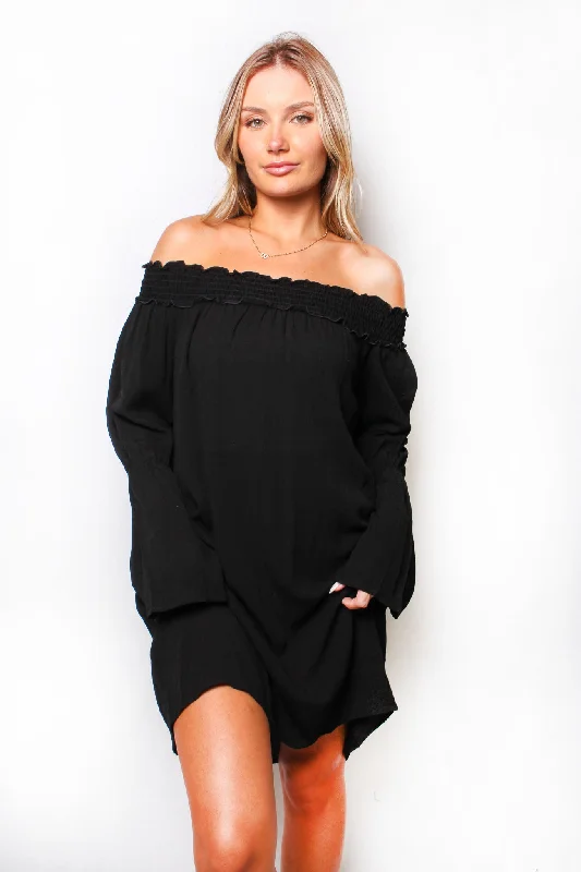 Women's Long Sleeve Ruffle Off The Shoulder Loose Mini Dress Comfortable Off-Shoulder Mini Dress