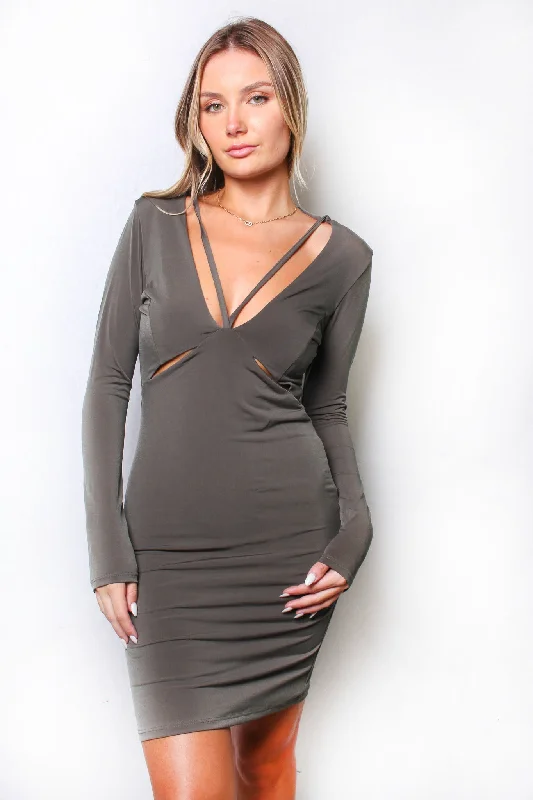 Women's Long Sleeve V Neck Cut Out Bodycon Mini Dress Comfortable Ruffle Mini Dress