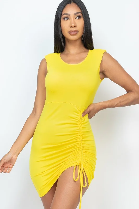 Yellow Drawstring Ruched Mini Dress Trendy Button-Detail Mini Dress