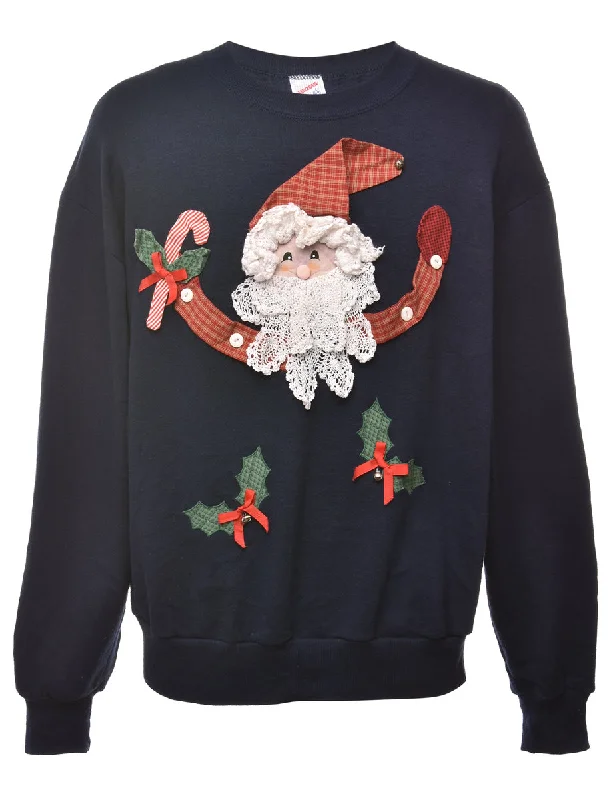 1990s Santa Claus Design Christmas Sweatshirt - L Hoodie Crop Top Short Trendy