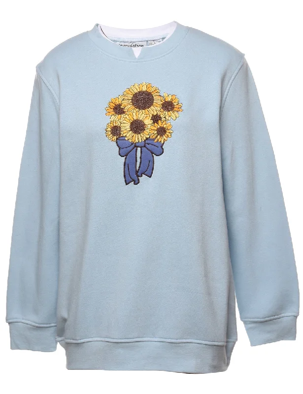 1990s Sunflower Design Sweatshirt - S Hoodie with Pocket Utility Practical