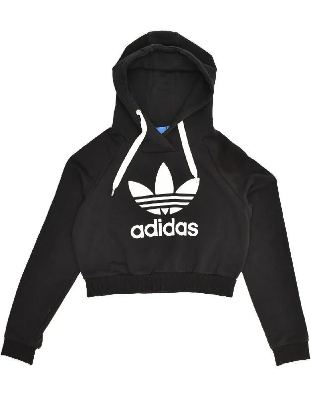 ADIDAS Womens Crop Graphic Hoodie Jumper UK 14 Medium  Black Cotton Hoodie with Velcro Closure Adjustable Secure