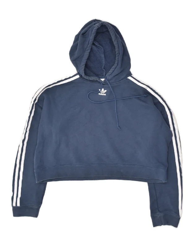 ADIDAS Womens Crop Hoodie Jumper UK 12 Medium Navy Blue Cotton Hoodie with Patch Decorative Personalized