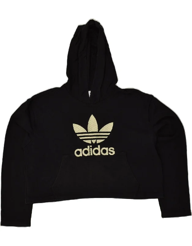 ADIDAS Womens Graphic Crop Hoodie Jumper UK 12 Medium Black Cotton Hoodie with Snap Buttons Easy Quick