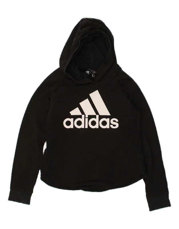 ADIDAS Womens Graphic Hoodie Jumper Size 8/10 Small Black Cotton Hoodie with Hem Frayed Vintage Worn