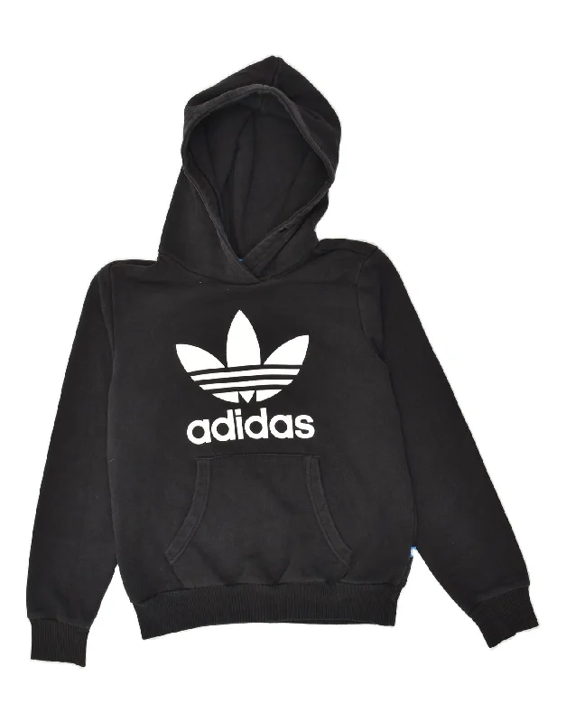 ADIDAS Womens Graphic Hoodie Jumper UK 10 Small Black Cotton Hoodie with Ribbed Hem Stretchable Secure