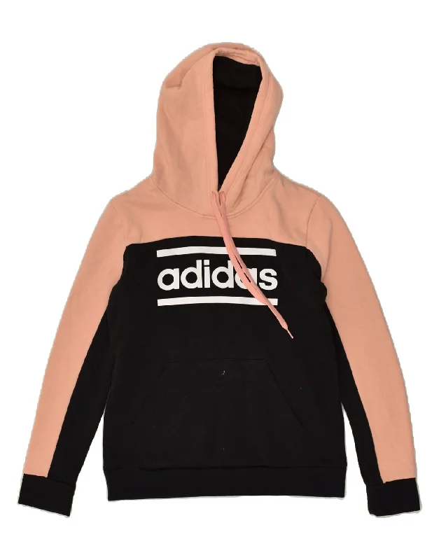 ADIDAS Womens Graphic Hoodie Jumper UK 12-14 Medium Black Colourblock Hoodie with Turtle Neck Cozy Winter