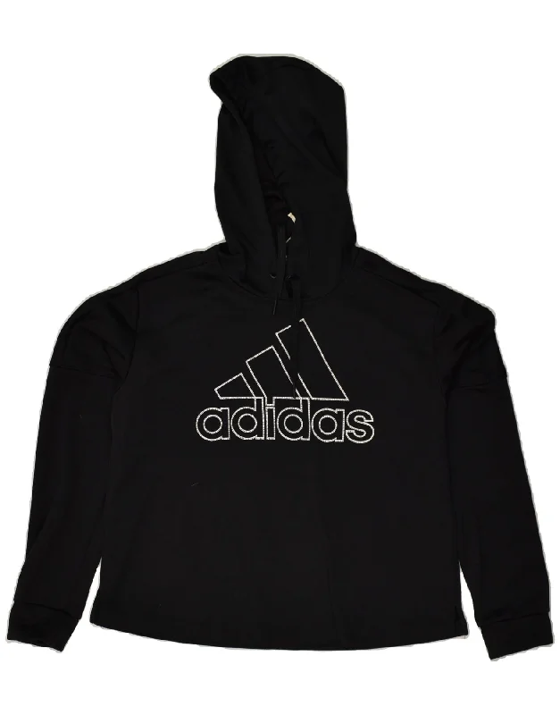 ADIDAS Womens Graphic Hoodie Jumper UK 12/14 Medium Black Polyester Hoodie with Emblem Brand Identity