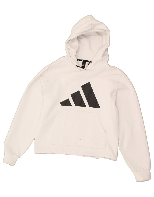 ADIDAS Womens Graphic Hoodie Jumper UK 12/14 Medium White Cotton Hoodie with Reflective Safety Nightwear