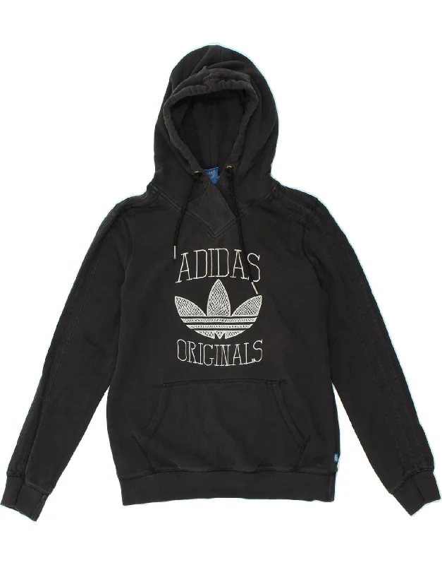 ADIDAS Womens Graphic Hoodie Jumper UK 12 Medium Black Cotton Hoodie with Applique Textured Unique