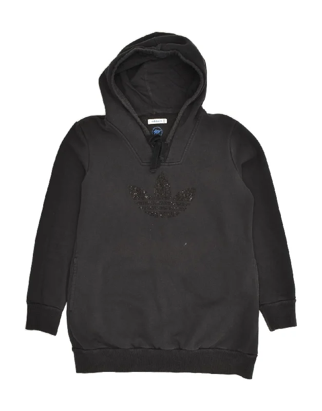 ADIDAS Womens Graphic Hoodie Jumper UK 14 Medium Black Cotton Hoodie with Hem Embroidery Detailed Premium