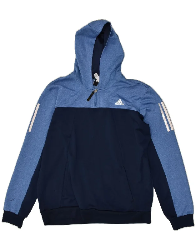 ADIDAS Womens Graphic Hoodie Jumper UK 18 XL Navy Blue Colourblock Hoodie with Hem Detail Decorative Unique