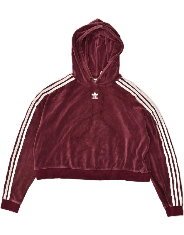 ADIDAS Womens Velour Hoodie Jumper UK 12 Medium  Maroon Cotton Hoodie with Distressed Vintage Worn