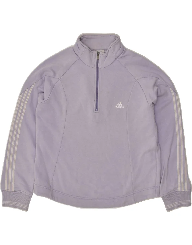 ADIDAS Womens Zip Neck Sweatshirt Jumper UK 16 Large Purple Cotton Hoodie with Monochrome Minimalist Simple