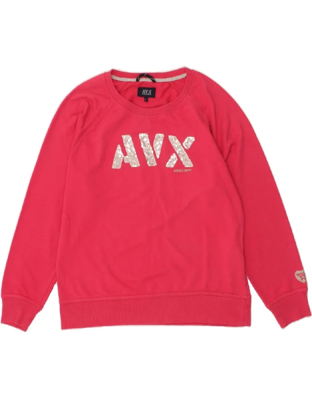 AVIREX Womens Graphic Sweatshirt Jumper UK 16 Large Pink Cotton Hoodie with Emblem Brand Identity