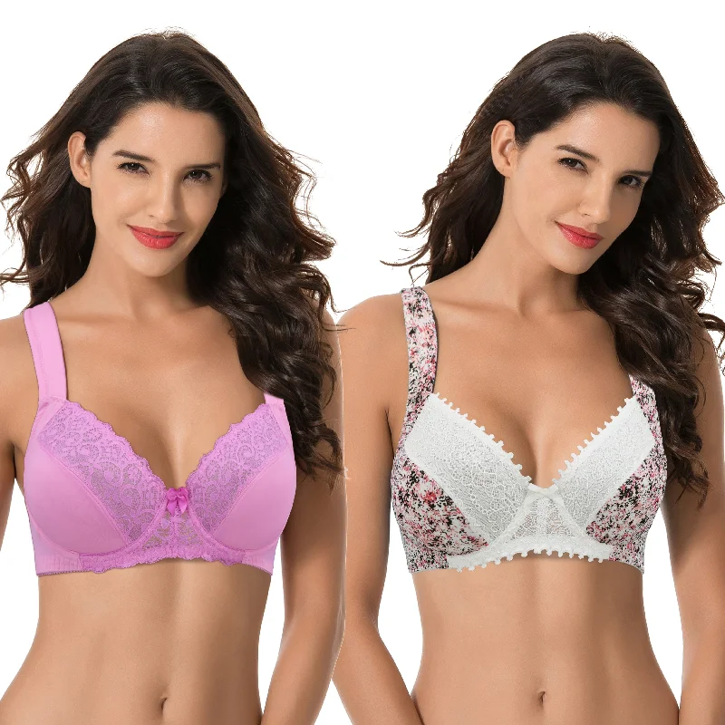 Women's Plus Size Unlined Underwire Lace Bra with Cushion Straps Classic Wire-Free Bra Women's Plus Size Unlined Underwire Lace Bra with Cushion Straps Classic Wire-Free Bra